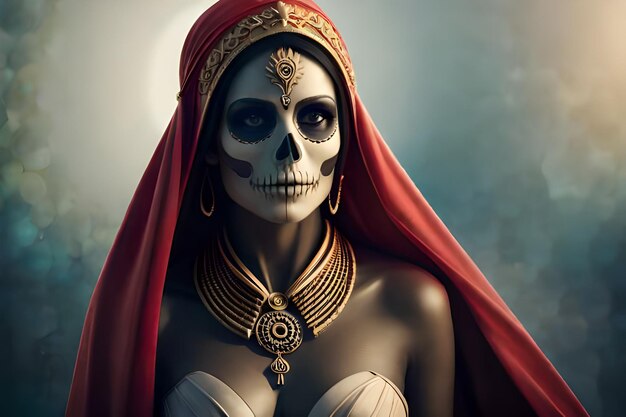 Calavera Catrina sosteniendo un cráneo en la oscuridad aterrador
