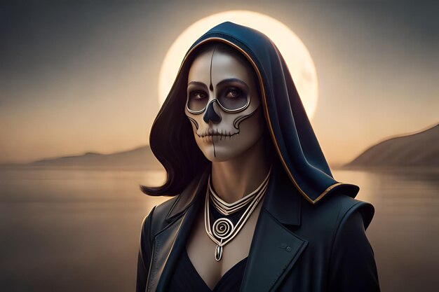 Calavera Catrina sosteniendo un cráneo en la oscuridad aterrador