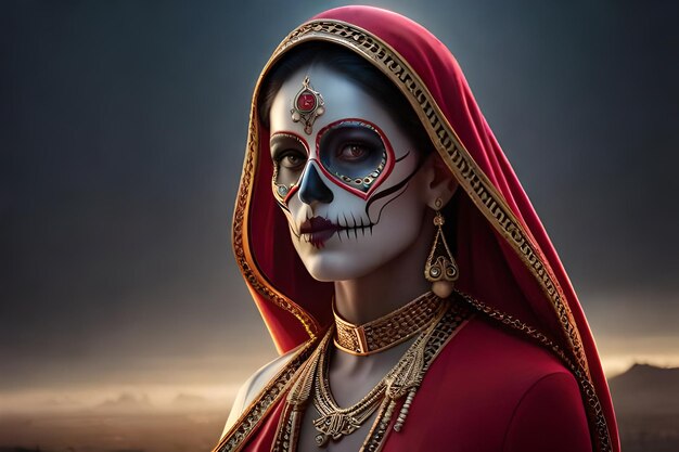 Calavera Catrina sosteniendo un cráneo en la oscuridad aterrador