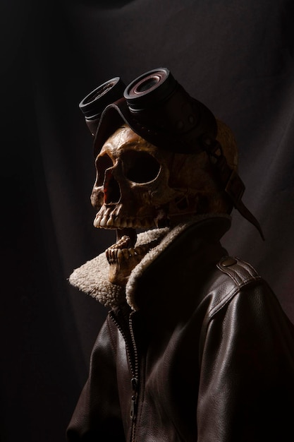 Calavera con chaqueta de cuero y gafas steampunk Disfraz de aviador