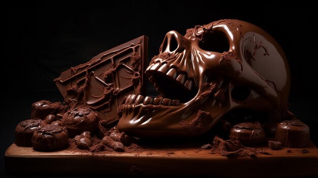 calavera de chocolate con un reloj y chocolates sobre una tabla de madera ai generativo