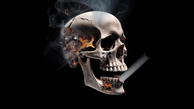 Una calavera con un cigarrillo encendido