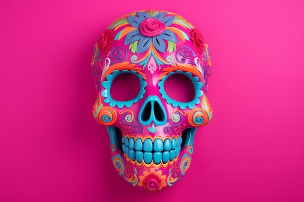 Calavera de colores brillantes con flores sobre fondo rosa.