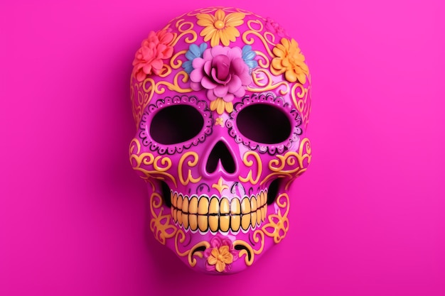 Calavera de colores brillantes con flores sobre fondo rosa.