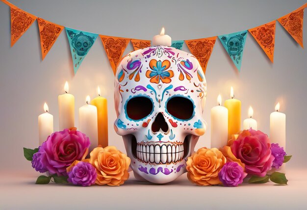 Foto calavera de colores a la luz de las velas con flores dia de los muertos o día de los muertos