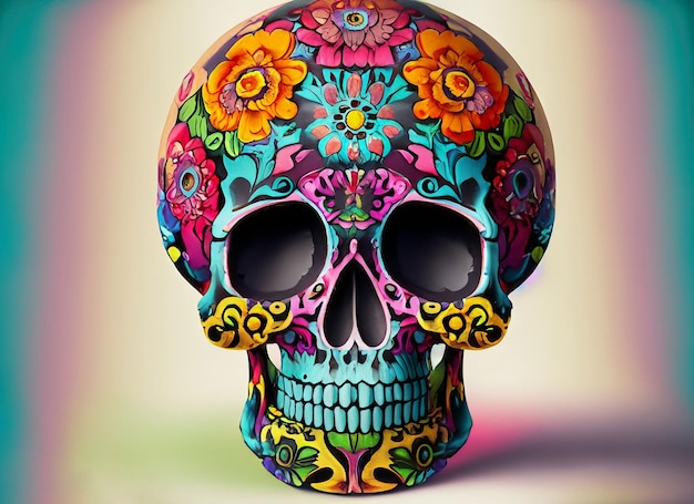 Una calavera de colores con un patrón de flores