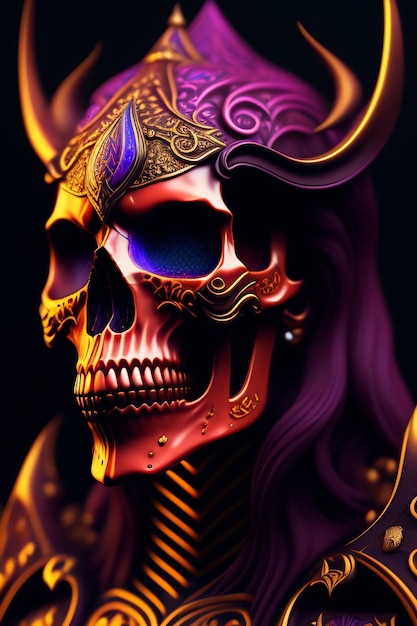 Una calavera colorida con una calavera morada y cuernos.