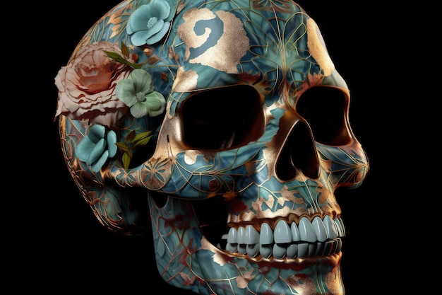 Una calavera colorida con flores en la cabeza IA generativa