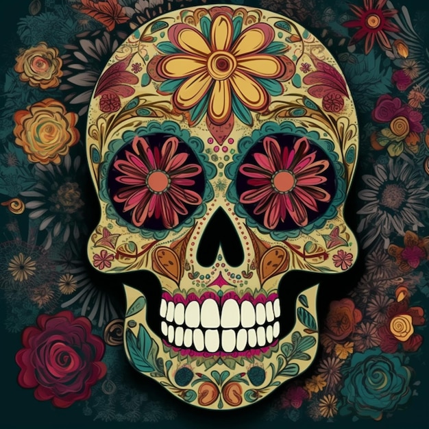 Una calavera colorida con flores.