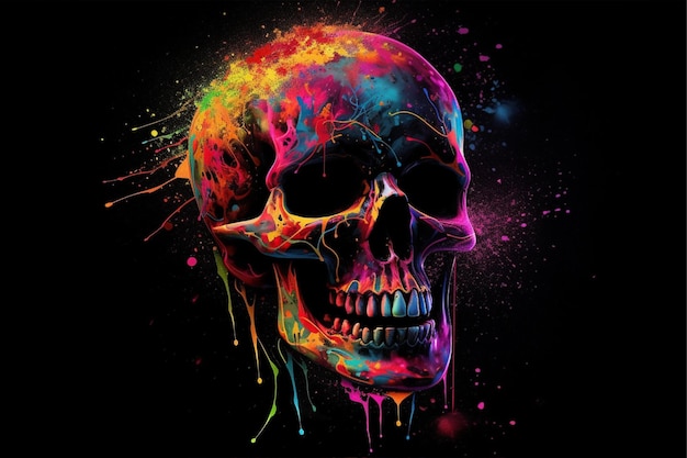 Una calavera colorida con un fondo negro y un fondo negro.