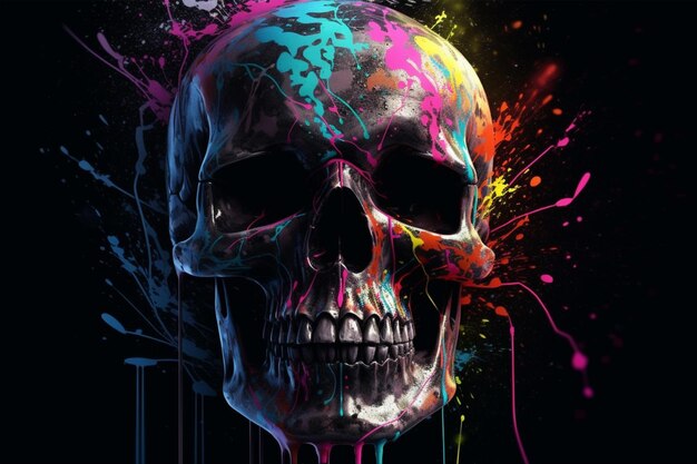 Una calavera colorida con un fondo negro y un fondo negro.