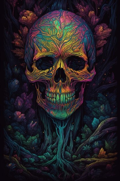 Una calavera colorida con fondo negro y fondo negro.