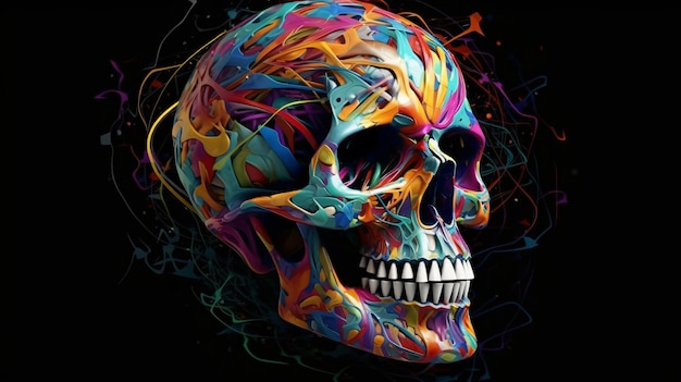 Una calavera colorida con un fondo negro y un fondo negro.