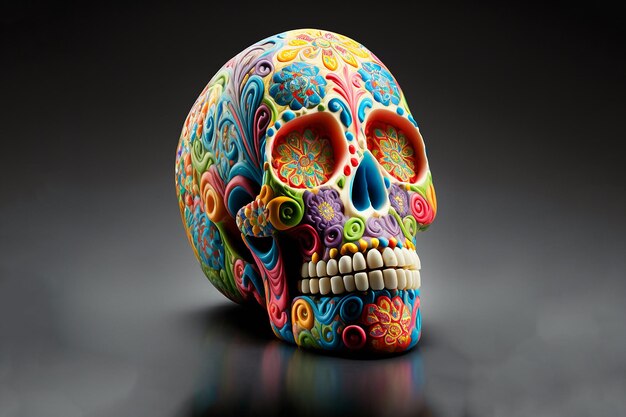 Una calavera colorida con un fondo negro.