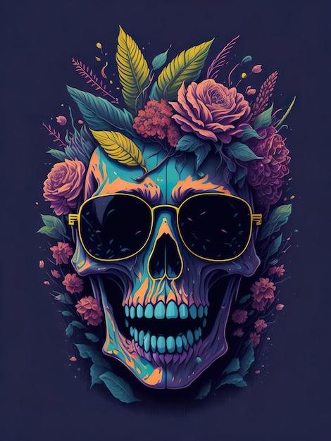 Una calavera colorida con gafas de sol y flores.