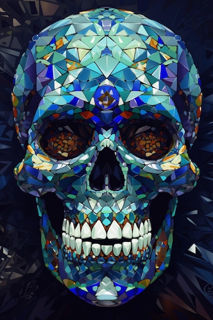 Una calavera colorida con un patrón de diamantes.