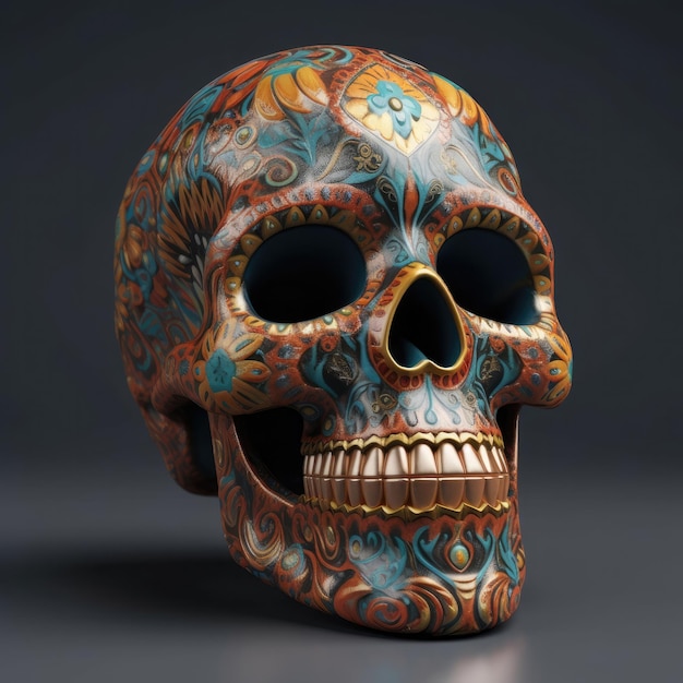 Una calavera colorida con un patrón floral.