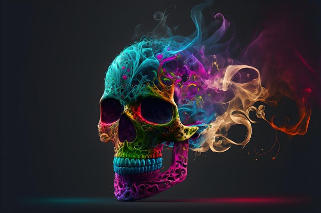 Una calavera colorida de la que sale humo, aerógrafo, behance, arte psicodélico.