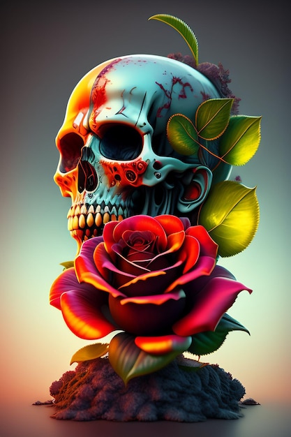 Una calavera colorida con una rosa roja.