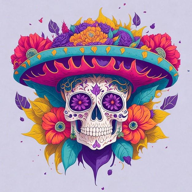 Una calavera colorida con sombrero y flores.