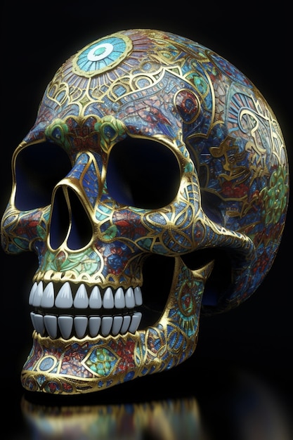 Una calavera colorida tiene un patrón muy detallado.