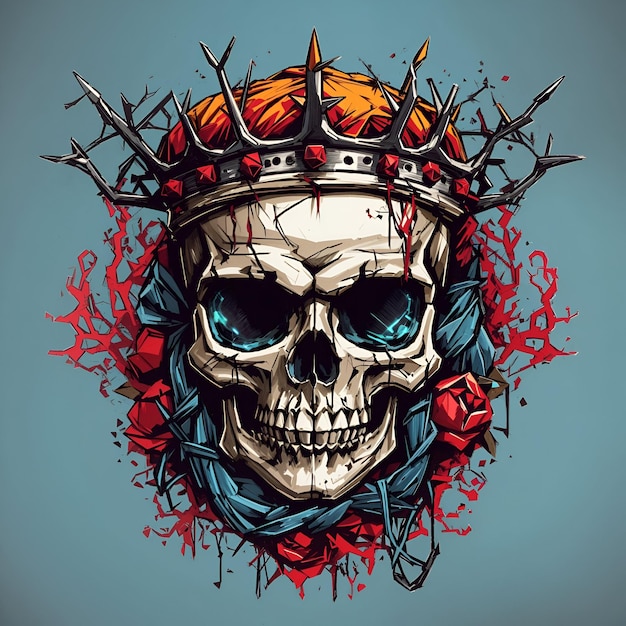 Una calavera con una corona de espinas y un estilo colorido para el diseño de camisetas.