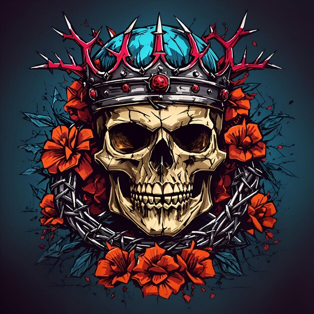 Foto una calavera con una corona de espinas y un estilo colorido para el diseño de camisetas.