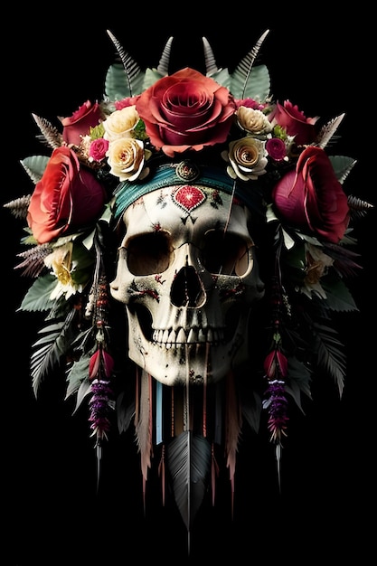 Una calavera con una corona de flores y rosas.