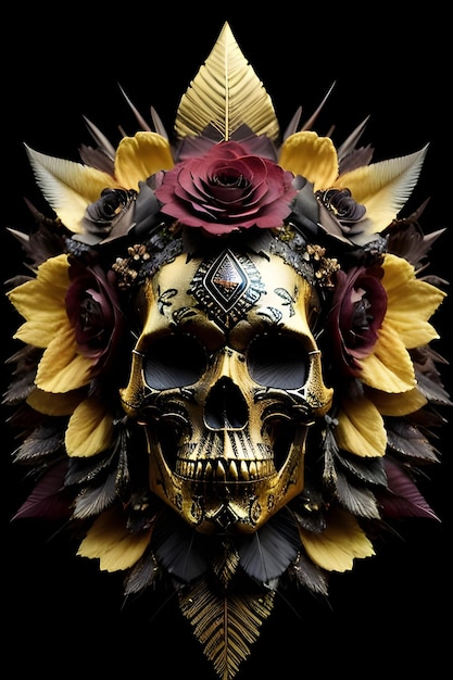 Una calavera con una corona de flores y rosas.