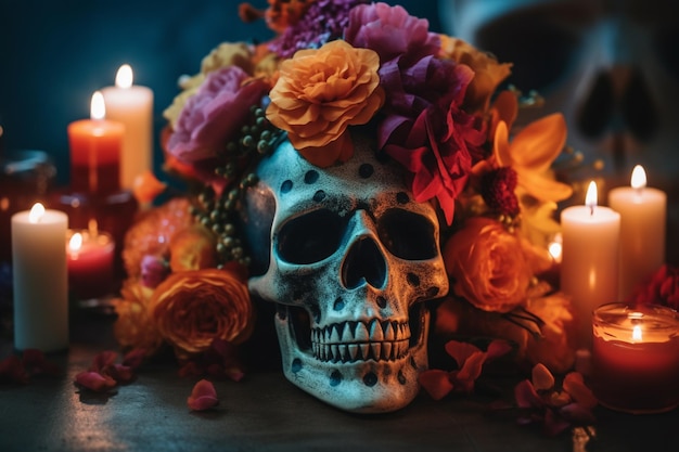 Una calavera con una corona de flores.