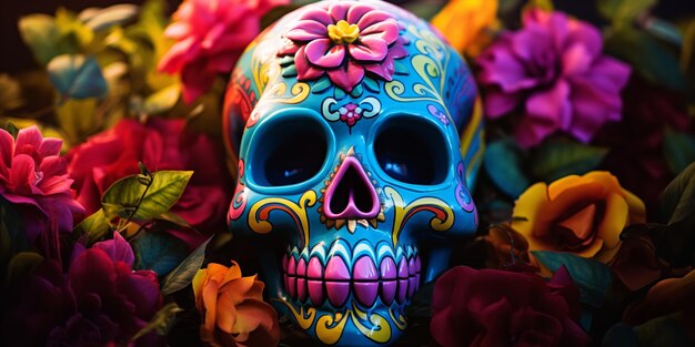 Calavera de cristal con flores vibrantes Generative Ai