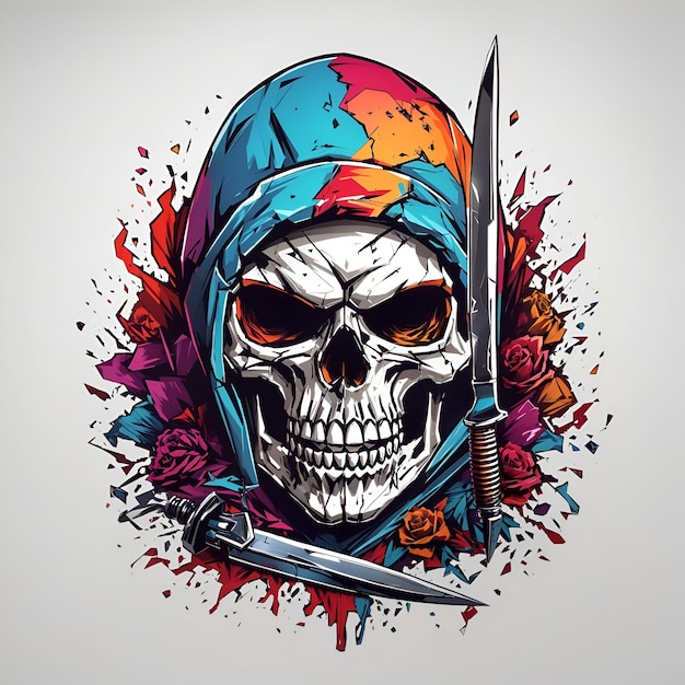 Una calavera con cuchillos y un estilo colorido para el diseño de camisetas.