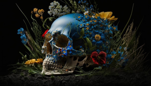 Calavera decorada con flores de colores - Imagen llamativa de vida y muerte - Generada por IA