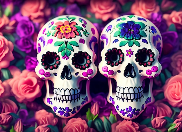 Calavera decorada con flores en el fondo del día de muertos.