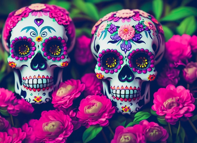 Calavera decorada con flores en el fondo del día de muertos.