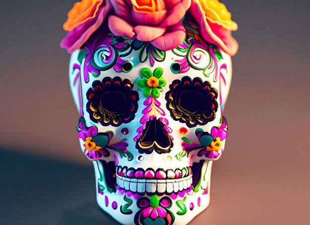 Calavera decorada con flores Imagen del Día de Muertos en la Ciudad de México