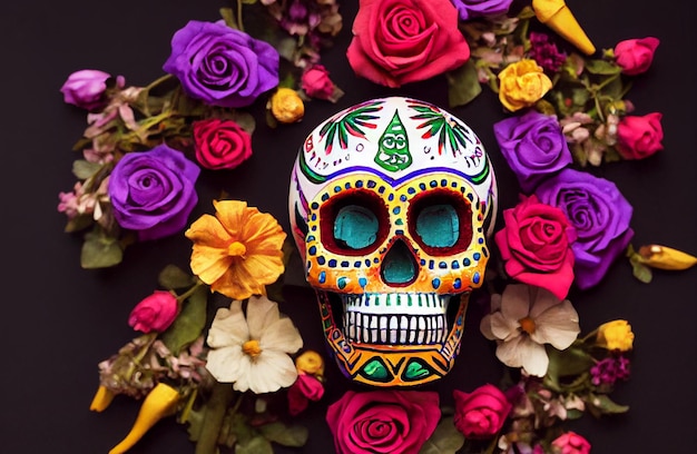 Foto calavera decorada con flores moradas y rosas.