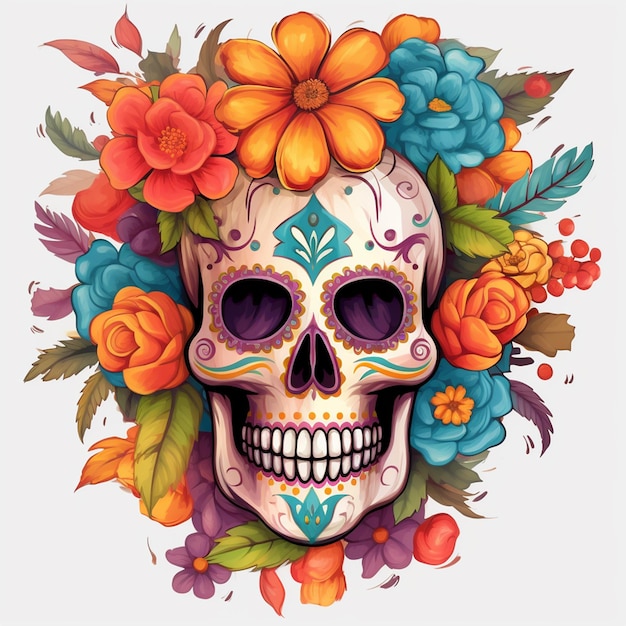 Calavera Dia De Los Muertos con flor aislada sobre fondo blanco