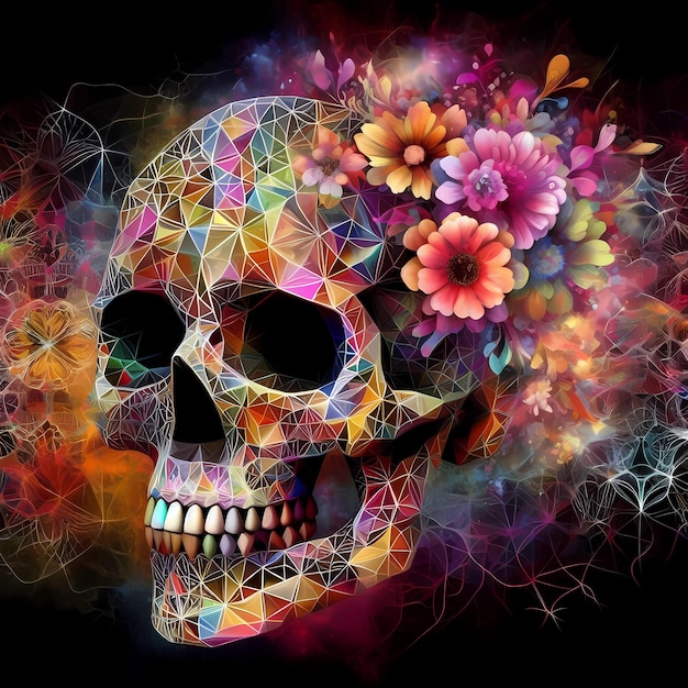 calavera dia de los muertos con flores arte digital geométrico