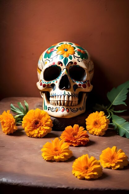 Calavera del Día de Muertos con flores de caléndula y velas encendidas