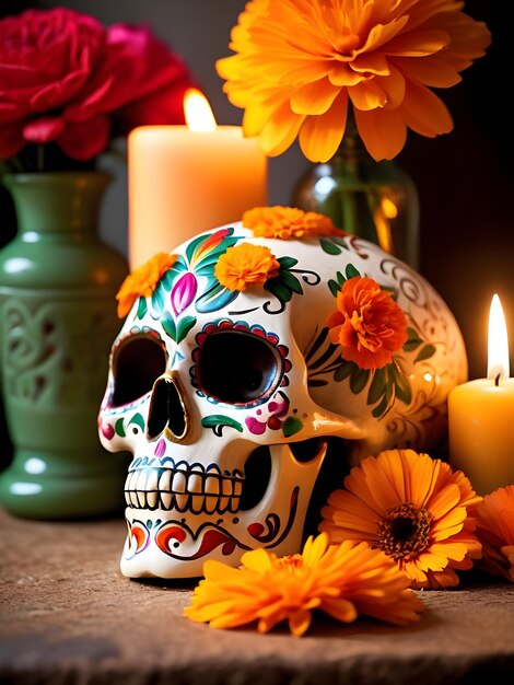 Calavera del Día de Muertos con flores de caléndula y velas encendidas