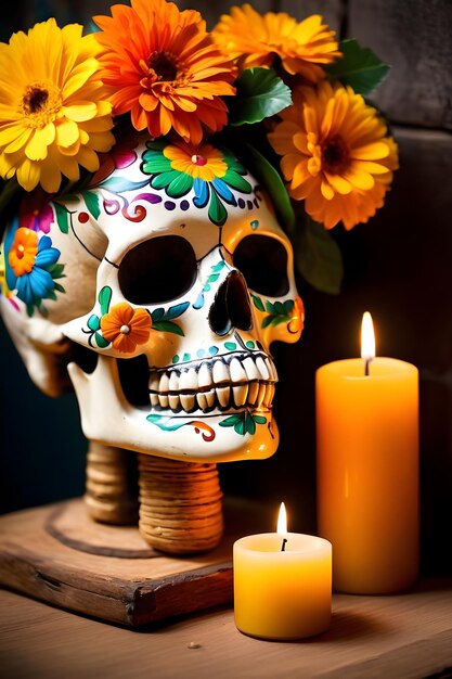 Calavera del Día de Muertos con flores de caléndula y velas encendidas