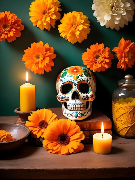 Foto calavera del día de muertos con flores de caléndula y velas encendidas