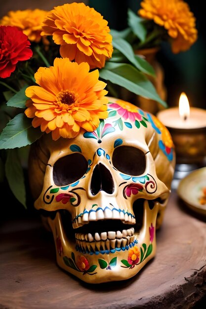 Calavera del Día de Muertos con flores de caléndula y velas encendidas