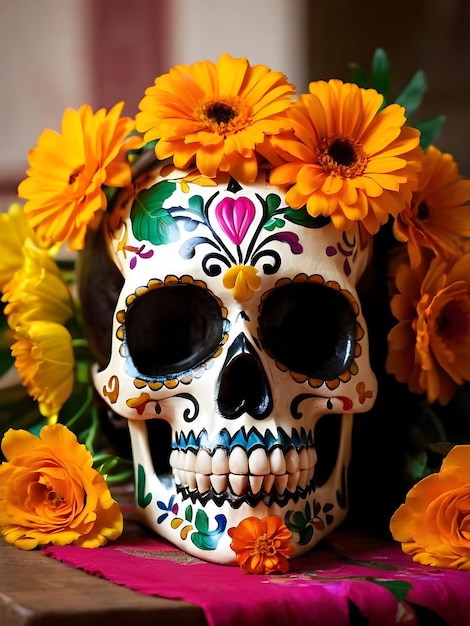 Calavera del Día de Muertos con flores de caléndula y velas encendidas