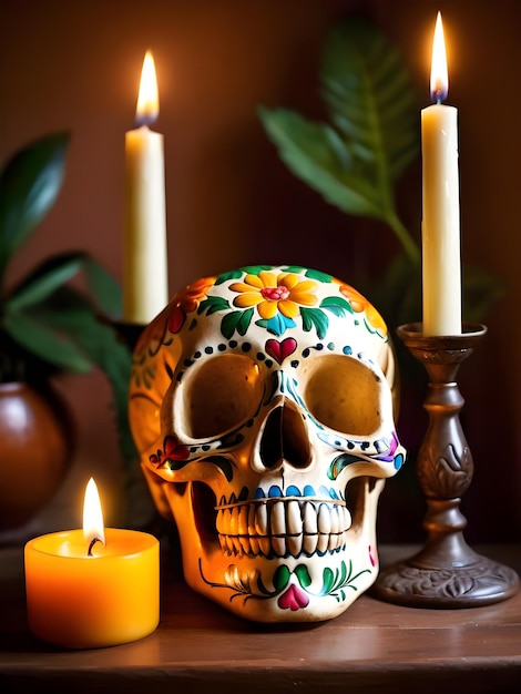 Calavera del Día de Muertos con flores de caléndula y velas encendidas