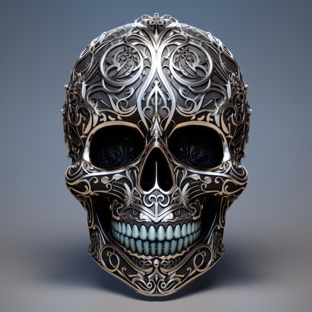 Calavera con diseño adornado sobre un fondo gris.