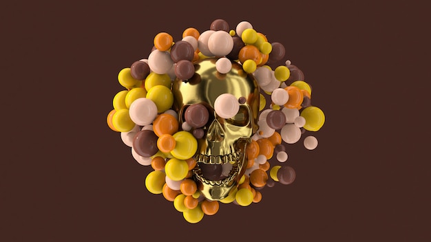 Calavera dorada y bolas de colores. Ilustración abstracta, render 3d.