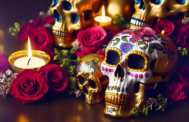 Calavera dorada para dia de los muertos dia de muertos con velas y flores.