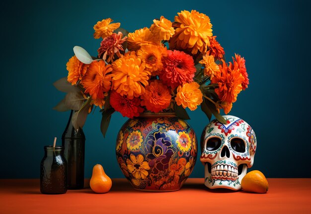 Foto calavera elegantemente adornada día de los muertos mexicano